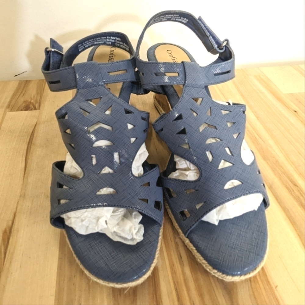 CROFT and Barrow Ortholite Orthopedic Wedge Sandals Denim Blue Cork Heel 10